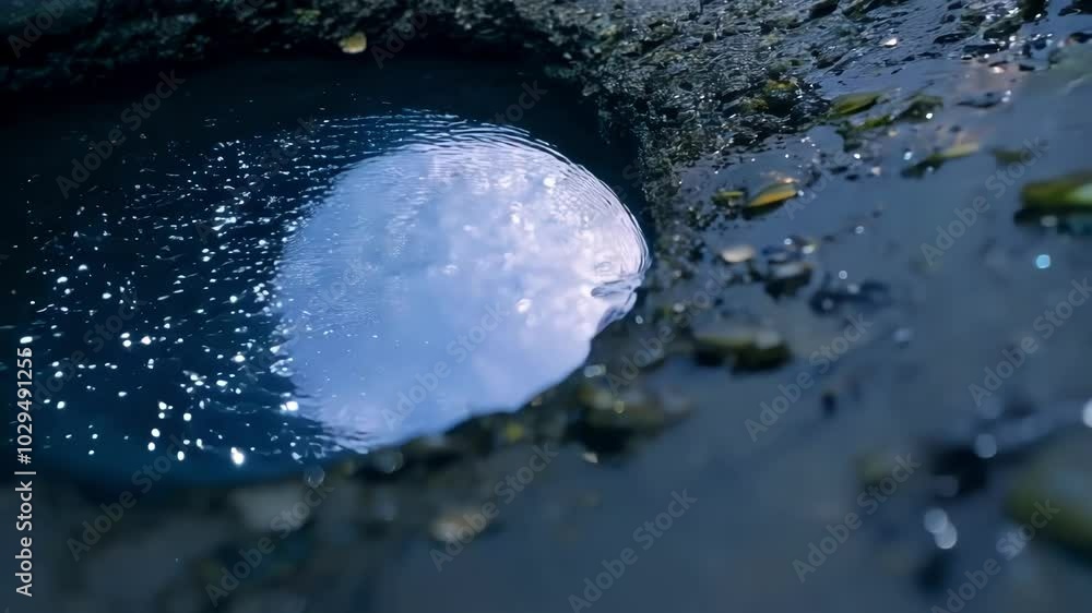 Poster Serene urban scene with a blue sky reflecting in a puddle on dark asphalt, creating a beautiful contrast between light and dark elements. Ideal for design projects