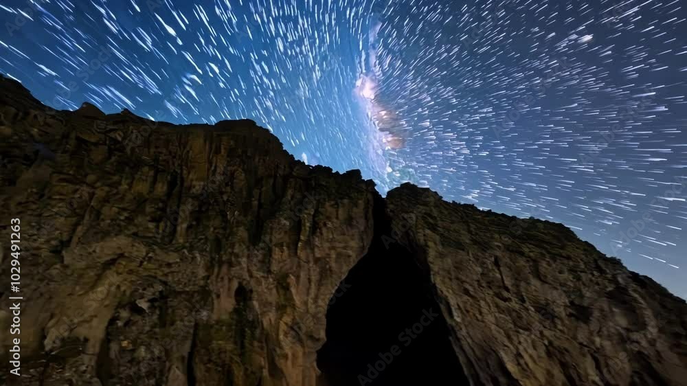 Poster long exposure showing star trails forming a circular pattern in the night sky over a mountain range 
