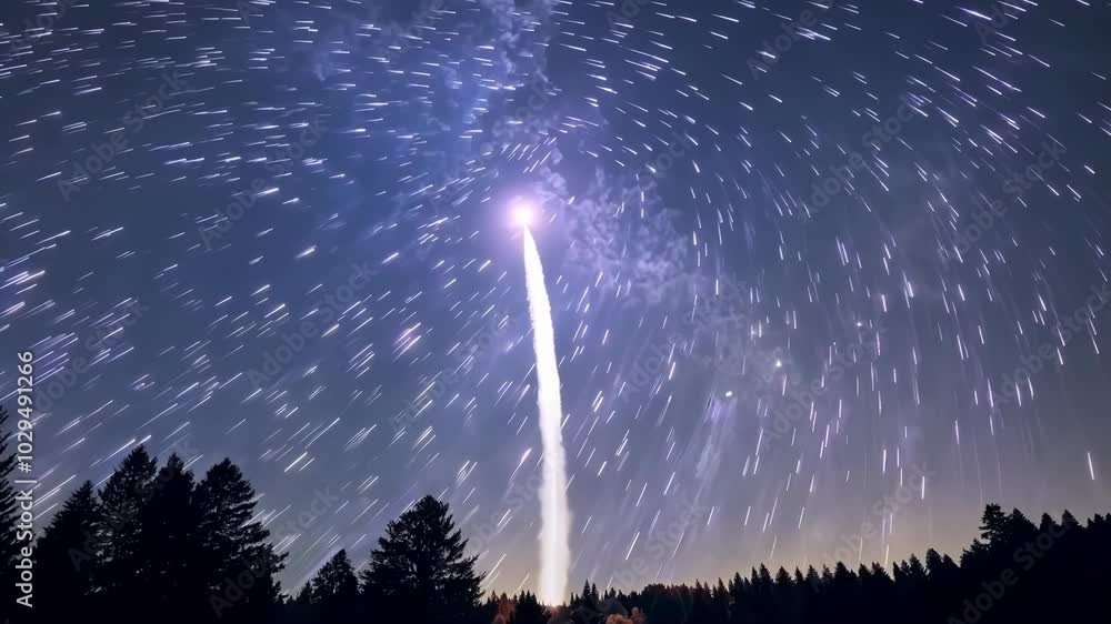 Poster Long exposure of the night sky showing star trails creating concentric circles above a forest with pine trees silhouetted against the sky