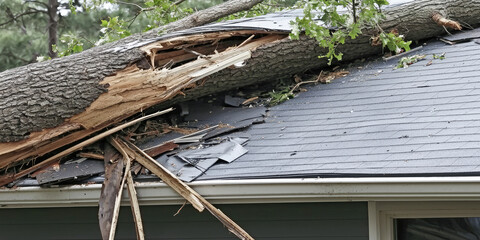 Storm damage house with a tree fall on the roof, destruction from heavy wind,  insurance claim or emergency repair to damaged roof