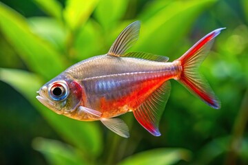 Tropical fish Bleeding Heart Tetra Hyphessobrycon erythrostigma in tilted angle