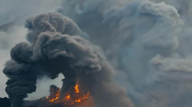 Massive volcano erupting, billowing clouds of ash and steam, showcasing raw power of nature. Landscape transformed, smoke and ash fill air, creating surreal, dangerous environment
