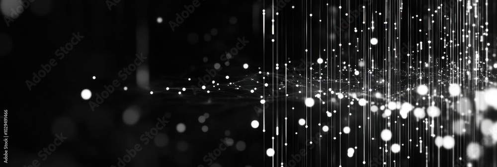 Poster black background with white glowing digital lines and dots in the lower left corner, representing da