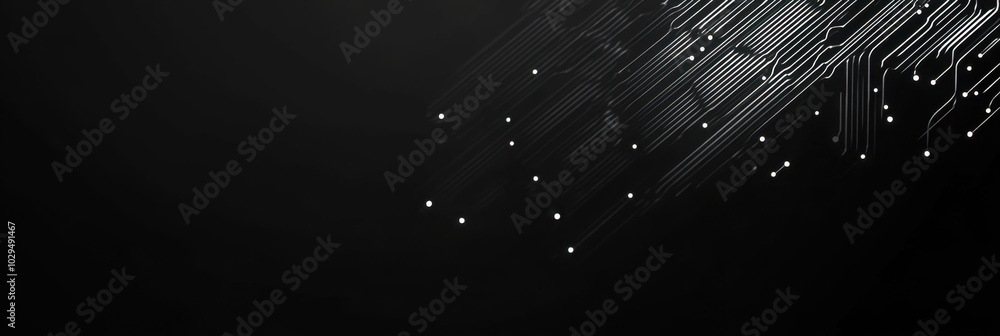 Poster black background with white digital lines and dots, representing the tech industry an abstract geome