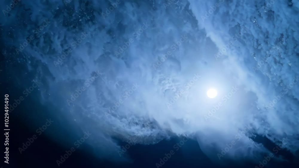 Poster bright full moon shines through stormy clouds at night, creating a moody and mysterious atmosphere