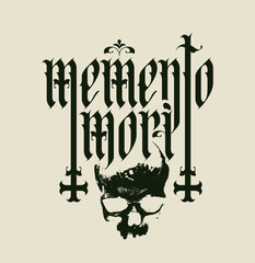 vector calligraphic inscription in gothic font memento mori from latin language translated Think about death with human skull and cross