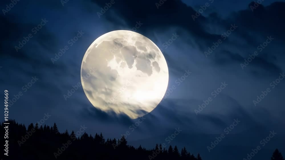 Poster Bright full moon is illuminating the night sky, casting an eerie glow over the silhouetted trees below and creating a dramatic contrast
