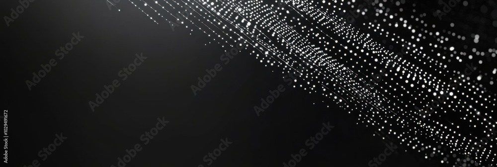Poster black background with white digital lines and dots in the upper left corner, creating an abstract, t