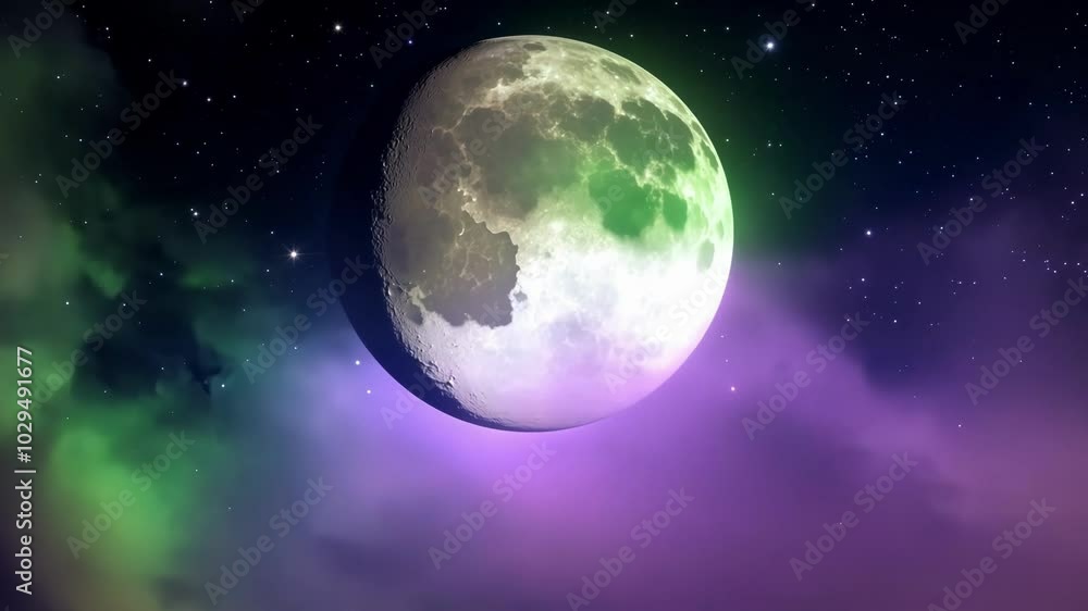 Poster bright full moon shines through fluffy clouds on a starry night sky. creating a serene and tranquil 