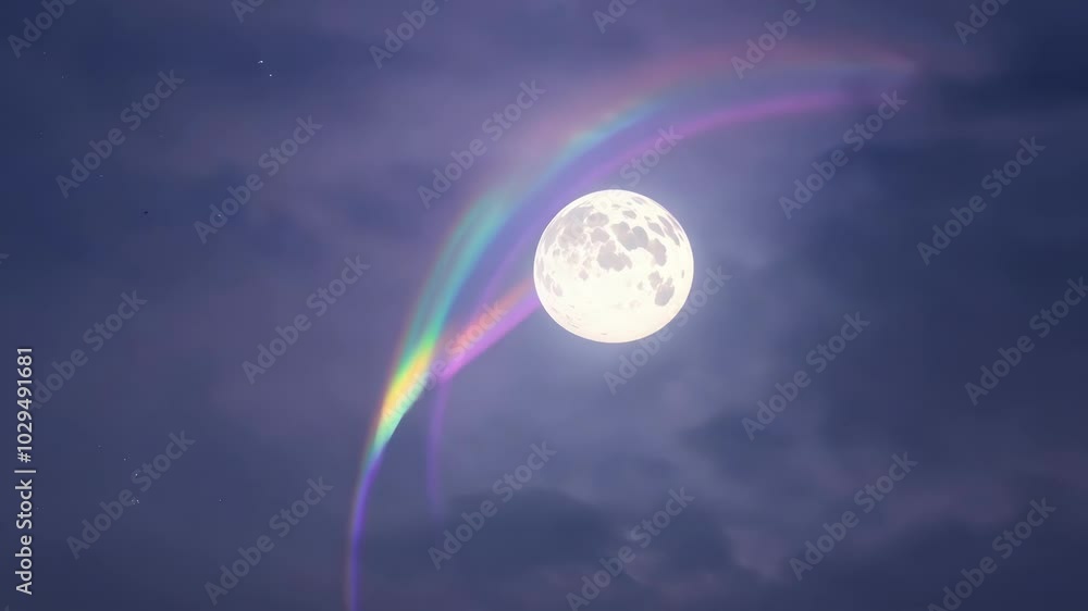 Poster peaceful full moon shines brightly in the twilight sky, surrounded by a stunning double rainbow. the