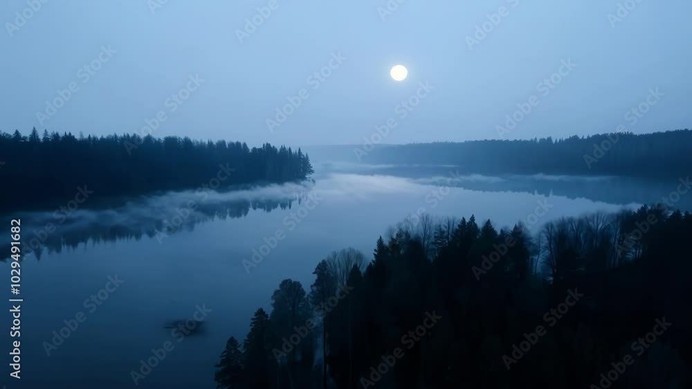 Poster full moon is illuminating the night sky, casting an ethereal glow over a serene lake partially shrou
