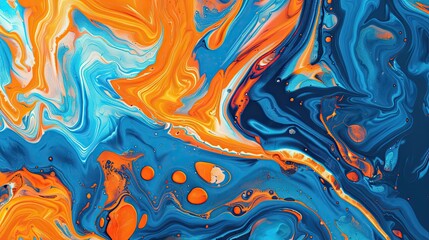 Obraz premium Fluid, liquid-style marbling in orange and blue acrylic paints, creating a textured, abstract background for art and design.