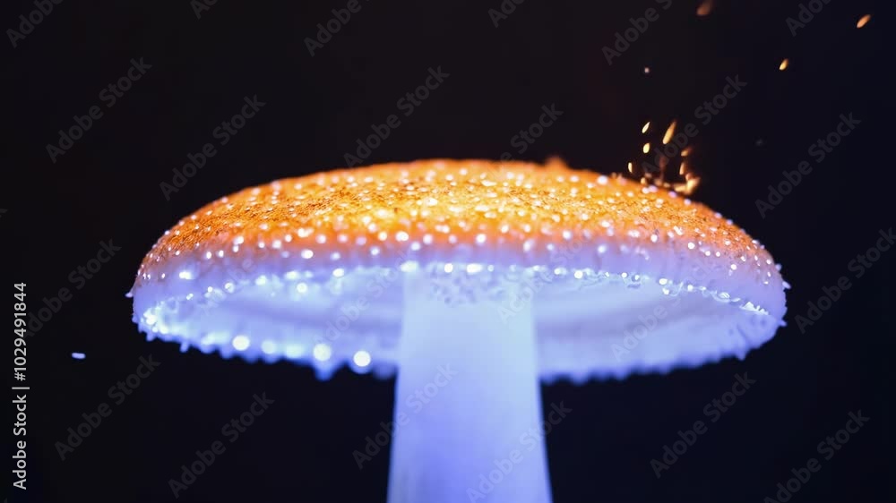 Poster mushroom cap is glowing in the dark, illuminated by bioluminescence and covered with water drops. th