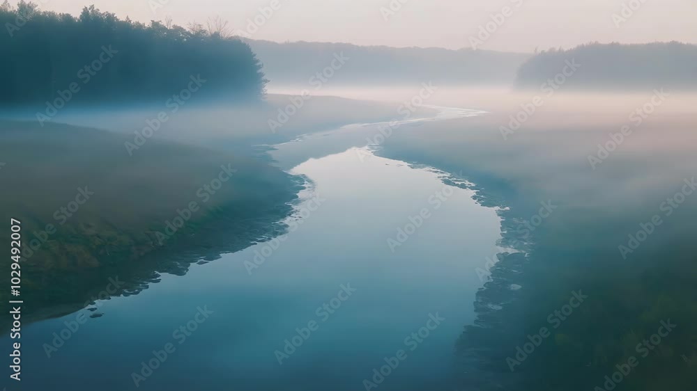 Poster scenic aerial view of a blue river flowing through a hazy forest as the sun rises over the landscape