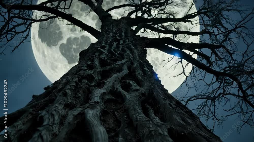 Poster gnarled tree reaches towards the full moon in a dark forest. casting spooky shadows. perfect for hal