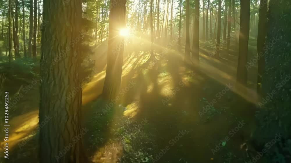 Poster winding dirt path in a lush green forest, bathed in warm sunlight, creating a peaceful and serene at