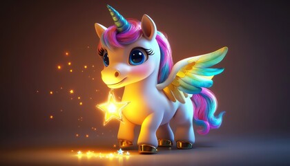 Cute baby pegasus unicorn with rainbow-colored mane holding a glowing star in its hooves