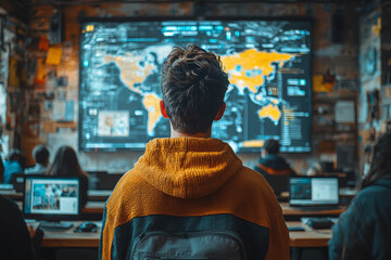 Obraz premium A classroom where students learn with AI-powered tools, symbolizing the future of education technology. Concept of AI in education.