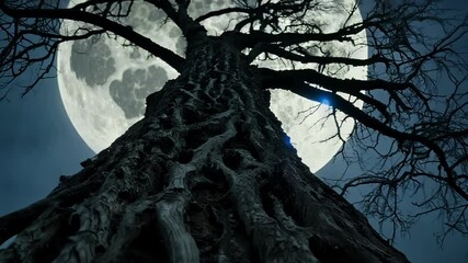 Gnarled tree reaches towards the full moon in a dark forest. Casting spooky shadows. Perfect for halloween. The eerie atmosphere is enhanced by ancient bark and roots. Creating a creepy. Gothic feel - Powered by Adobe