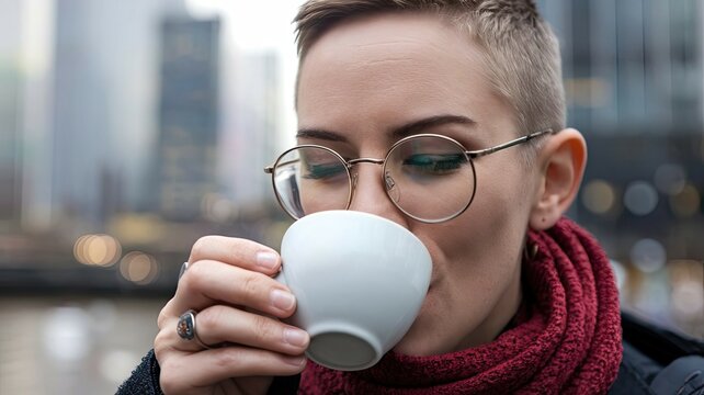A non-binary person with short hair and glasses is drinking coffee from a white mug. The scene is set in an urban environment. Concept lifestyle, inclusion, lgtbi, transgender, gay, homosexual - Powered by Adobe