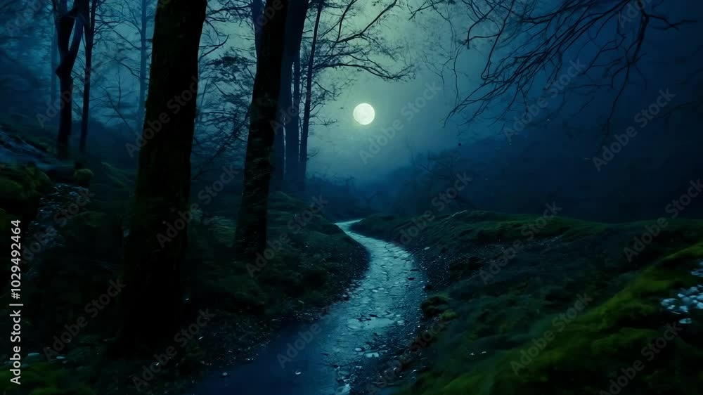 Poster small river flows through a dark forest on a moonlit night, creating an eerie glow. the full moon il
