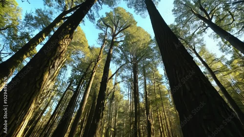 Poster the lush green forest bathed in sunlight, tall trees creating a canopy filtering light onto a windin