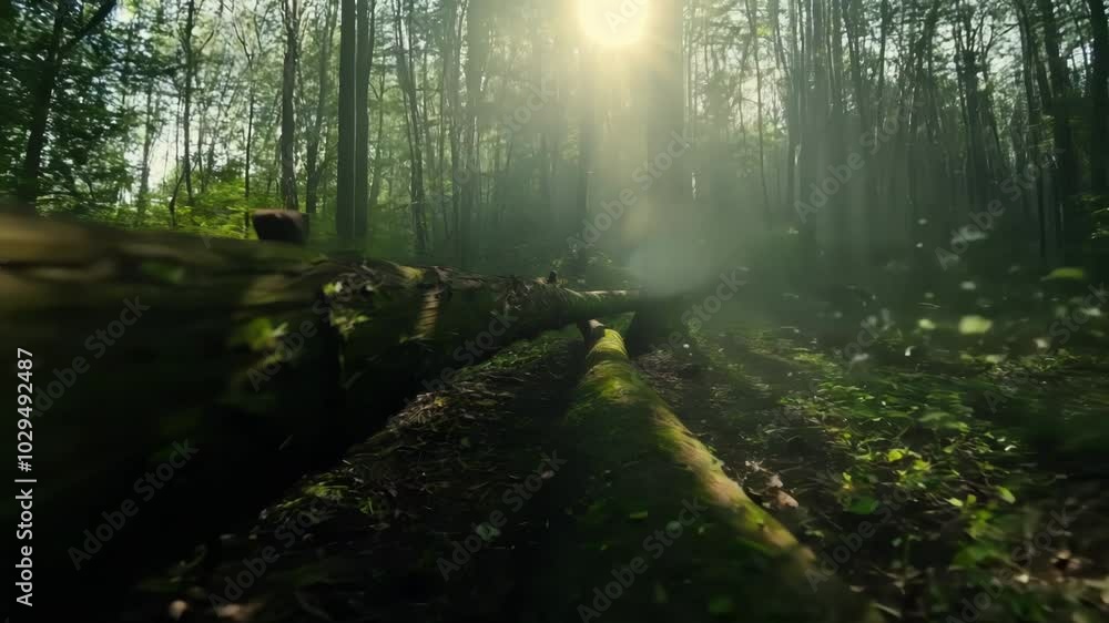 Poster sunlight filters through lush green forest canopy, casting shadows on the peaceful forest floor with