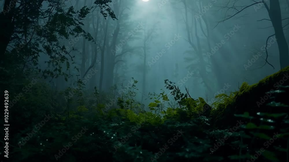 Poster beams of moonlight are illuminating the fog as it rolls through the trees of a dark forest. the lush