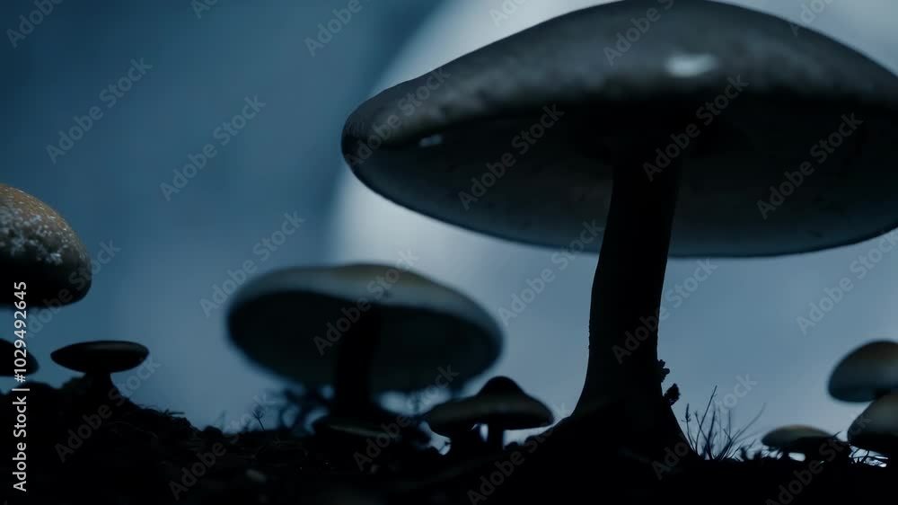 Aufkleber Large mushroom is growing in the center of the image, surrounded by smaller mushrooms, creating a mysterious and magical atmosphere. The dark forest setting adds to the overall mood