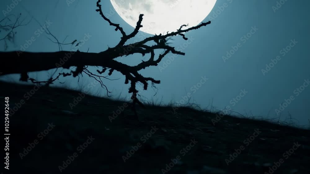 Poster lone dead tree is silhouetted against a foggy night sky with a full moon, creating a spooky and myst