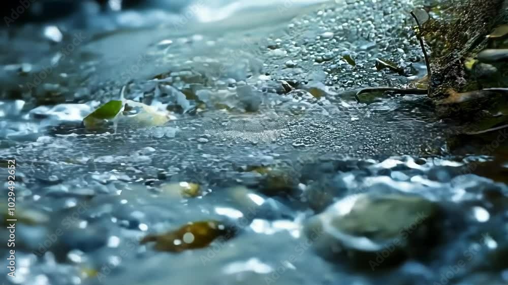 Aufkleber Sunlight filters through leaves, creating dappled water in a clear stream flowing over rocks in a peaceful forest setting
