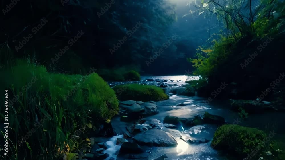 Poster water flowing rapidly around rocks in a river at night, surrounded by lush green vegetation. the wat