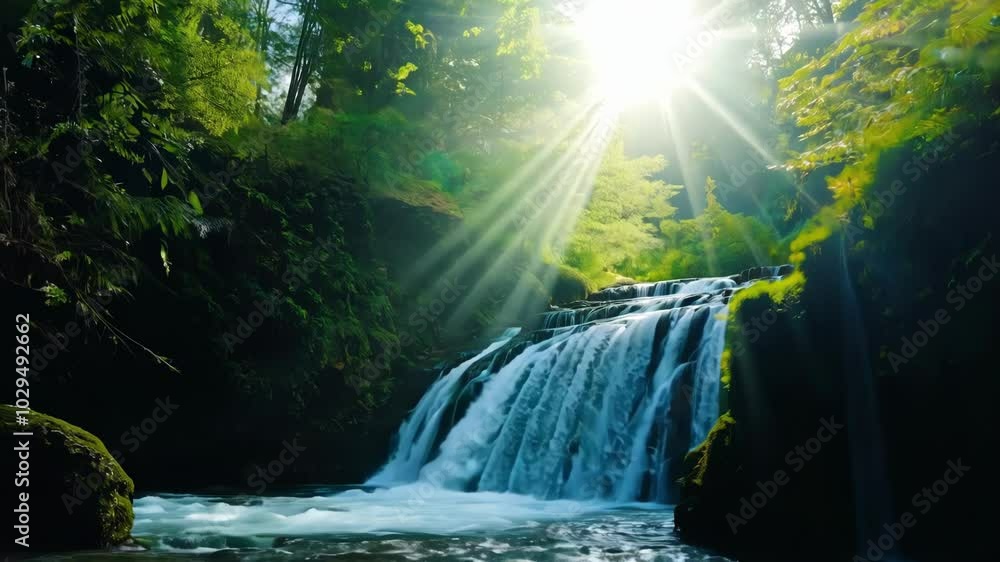 Fototapete sunlight is filtering through the canopy, illuminating a beautiful waterfall cascading down moss cov