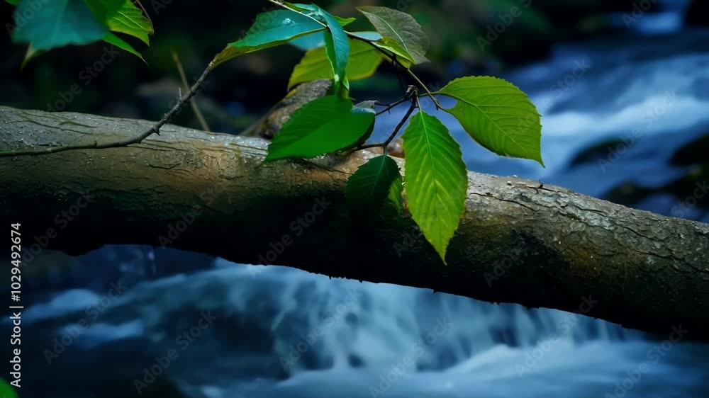 Poster fallen tree branch with green leaves is crossing a flowing water stream in a forest, creating a peac