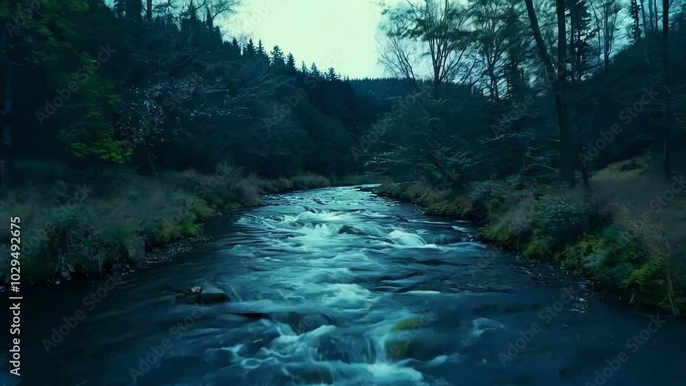 Poster rushing water cascading over rocks in a wild river flowing through a dense forest at twilight. the f