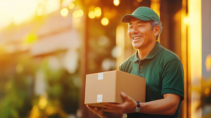 A smiling Asian man in a green uniform holds a package, looking happy to deliver.
