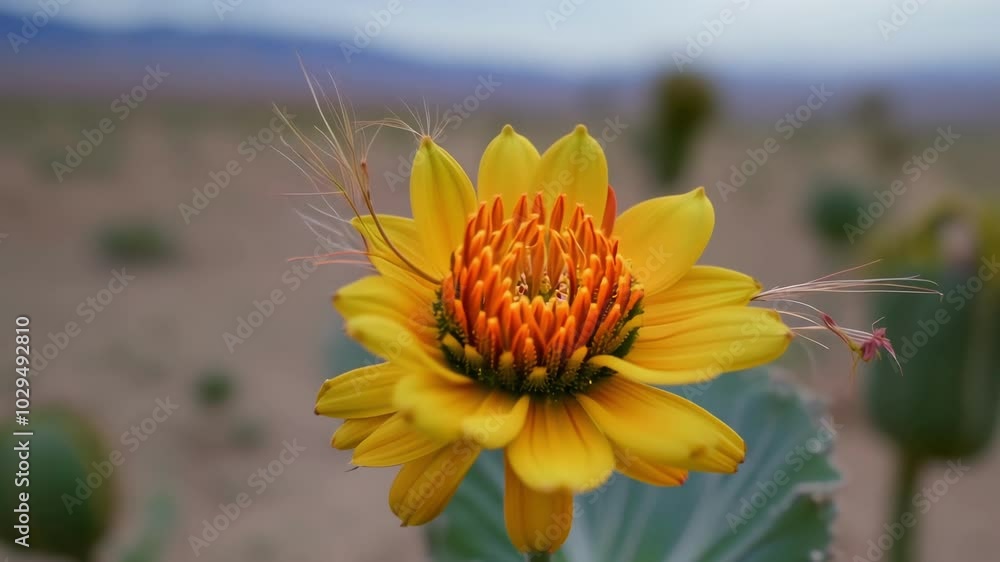 Poster yellow flower blooms in a desert landscape with cacti and mountains in the distance, creating a vibr