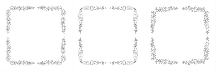 Set of three vector decorative frames, vegetal ornamental frame with flowers, decorative border, corners for greeting cards, banners, business cards, invitations. Isolated vector illustration.	
