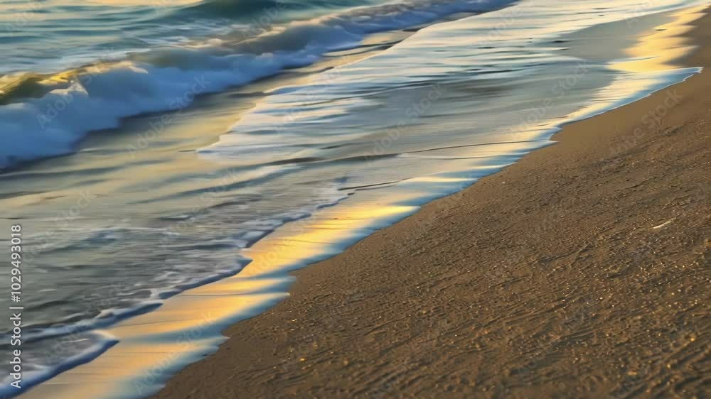 Poster Soft sea waves are gently crashing on the sandy shore of a beach during a beautiful sunset, creating a peaceful and serene atmosphere