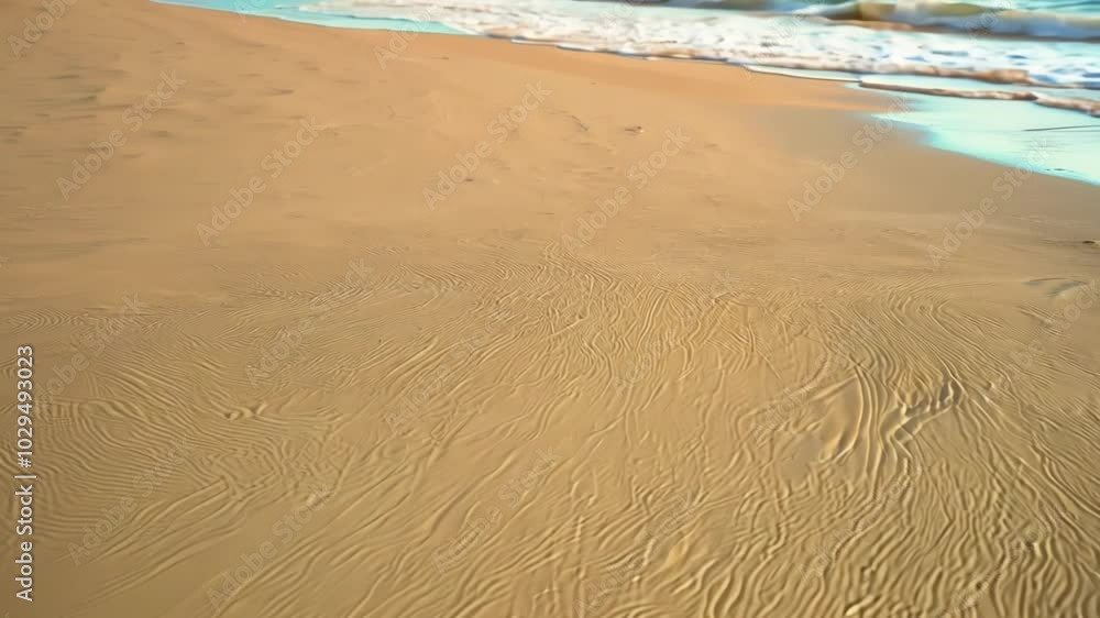 Aufkleber Turquoise ocean waves are crashing on a sandy beach creating a beautiful texture on the shore. The wet sand glistens in the sun
