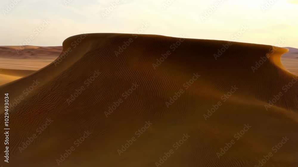 Poster the sun sets, casting warm light on sand dunes, creating intricate patterns in the desert