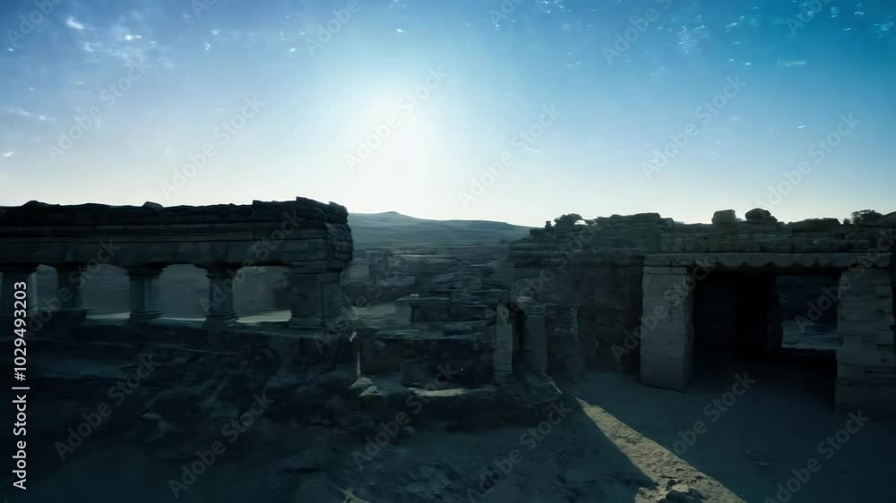 Aufkleber Ancient stone building crumbles in the desert under a starry night sky, surrounded by shifting sands and the milky way