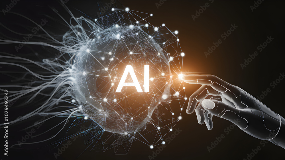 Poster ai interaction: robotic hand interacts with a glowing ai sphere, symbolizing the future of artificia