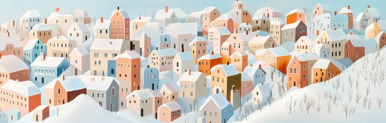 A charming, illustrated winter town scene with pastel-colored houses and snow-covered rooftops.