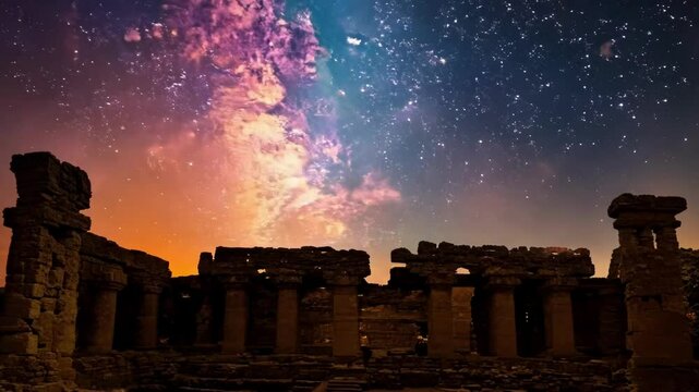 Majestic ruins of an ancient greek temple standing tall under a breathtaking starry night sky, showcasing the passage of time and the enduring legacy of history