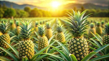 Fototapeta premium reflected green pineapples on plantation bathed in golden light