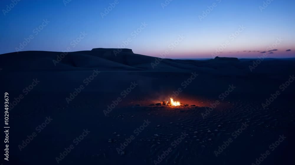 Poster Mesmerizing bonfire crackles and flickers in the vast desert at twilight, casting a warm glow as the sun sets, creating a tranquil atmosphere
