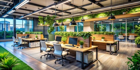 Naklejka premium Modern Office Space for Customer Service Manager with Collaborative Workstations and Open Design