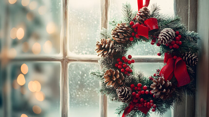 A beautiful Christmas wreath with red berries pine cones and ribbon hanging on a frosted window of a cozy home on Christmas Eve.