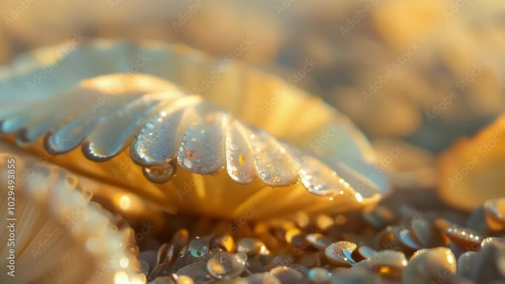 Poster closeup of glistening seashells on the beach, illuminated by the warm glow of the setting sun. the d